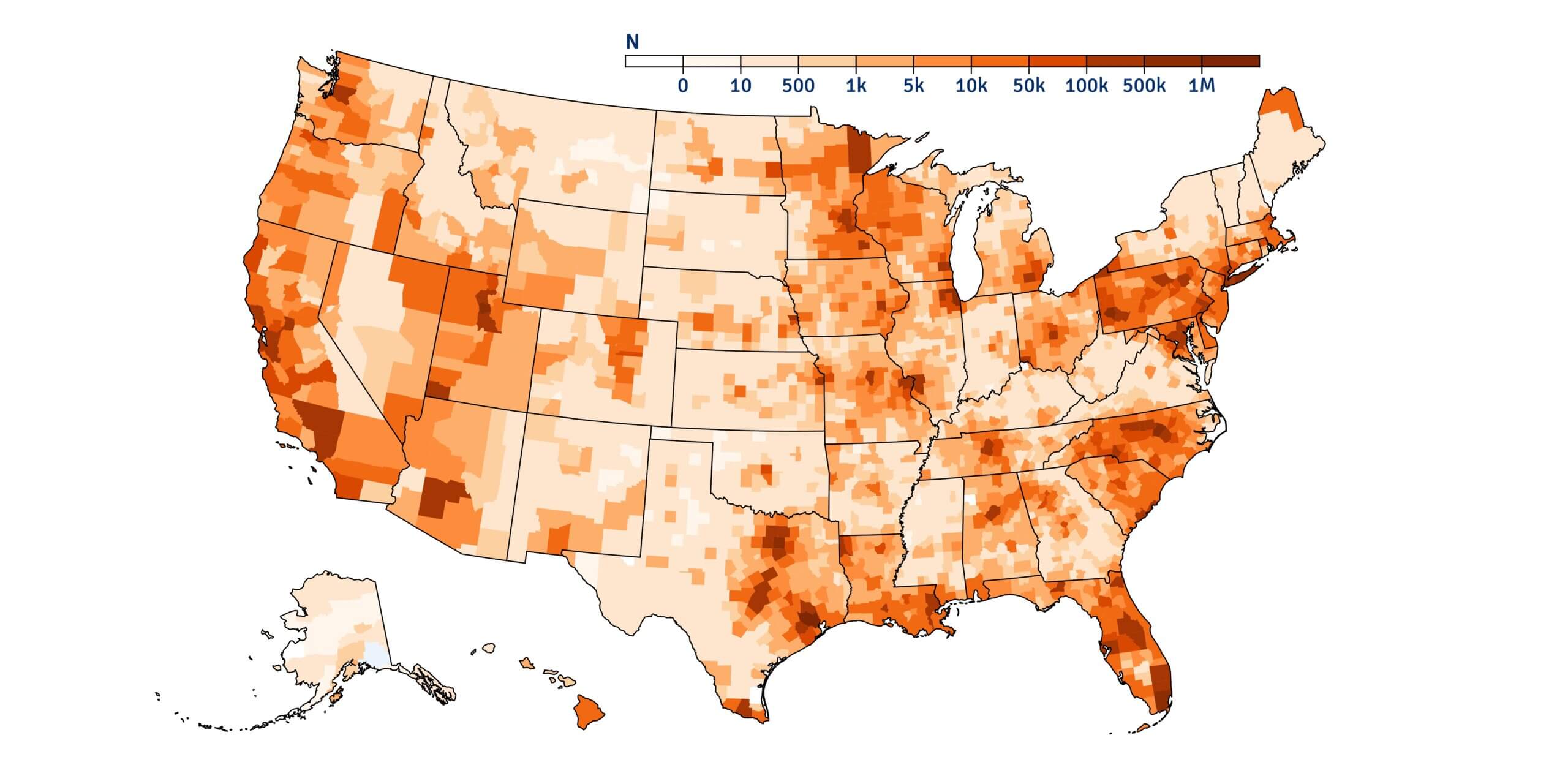 Image showing 2024 PCORnet population density data across the United States.